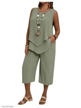 Plus Size 2 Piece Summer Outfit Sleeveless Tank Top & Capri Pants Set